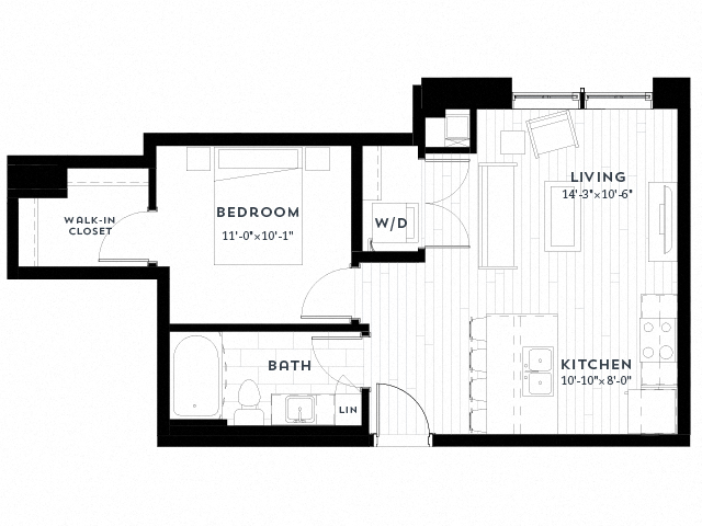 Floor plan for 1 bed, 1 bath, 597 sqft
